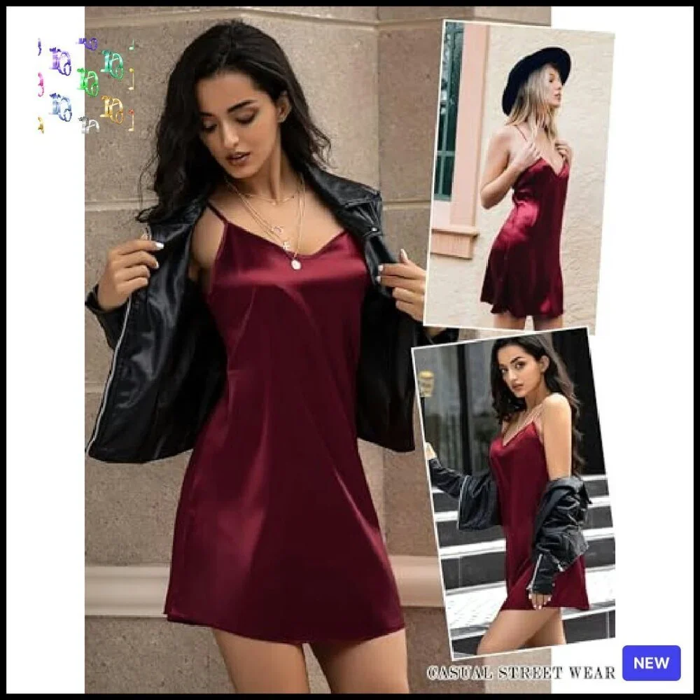 Satin Slip Dress Elegant Minimal Chic Nightgown Adjustable Straps V Neck